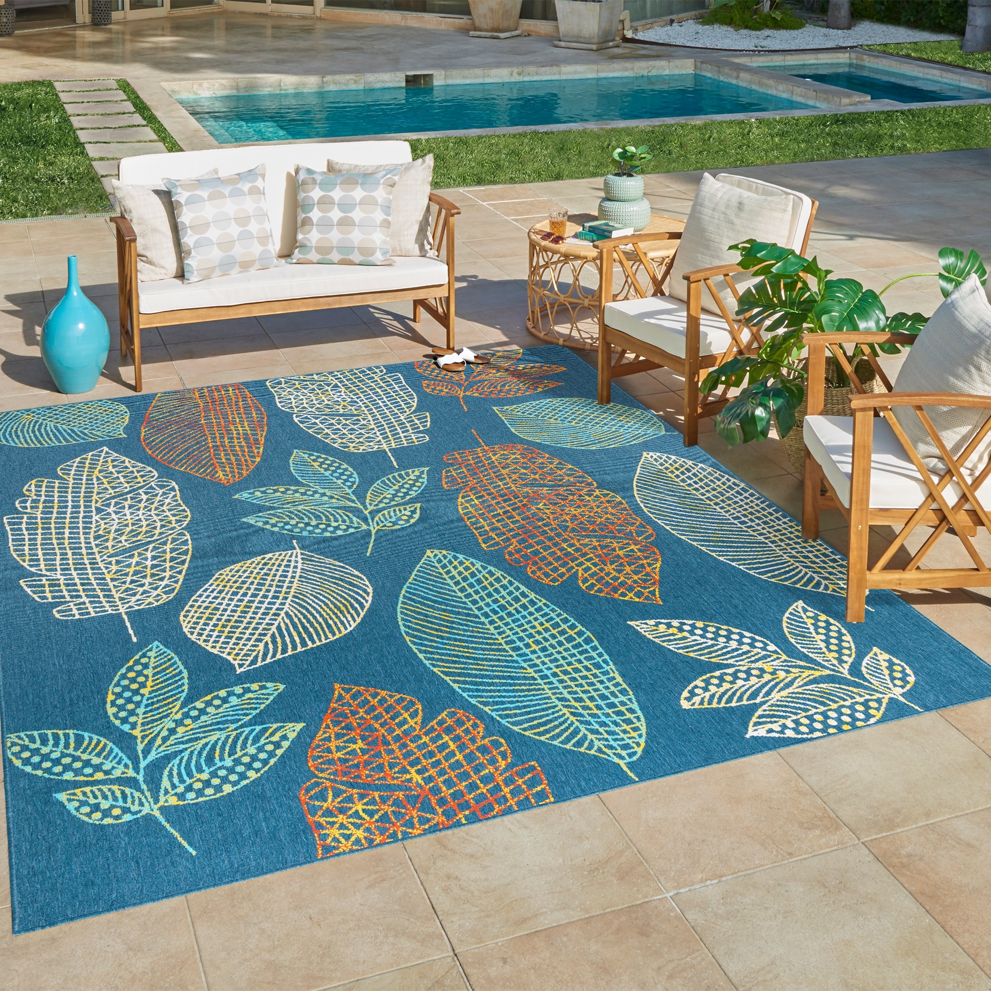 Gertmenian Jona Ananda Tropical Botanical Leaf Teal Multi-Color Indoor/ Outdoor Flatweave Area Rug