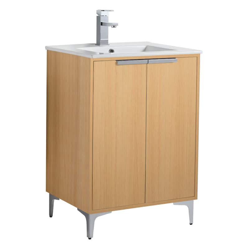 Fine Fixtures Wilmington Bathroom Vanity with White Ceramic Sink. - 24 Inch - Natural Oak - Polished Chrome Hardware