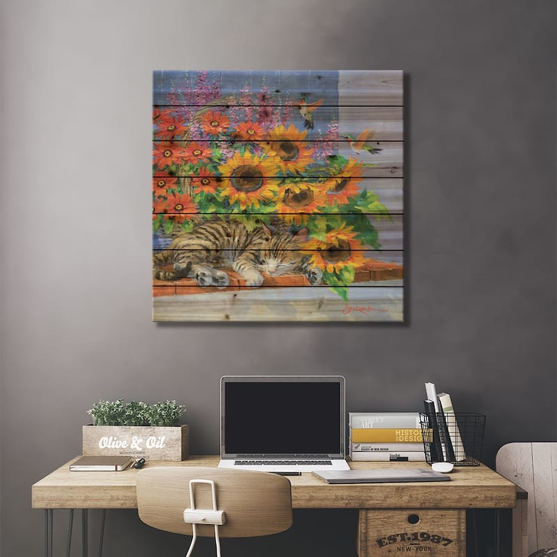 Sunflower Snooze Print On Wood by Mikki Senkarik - Multi-Color