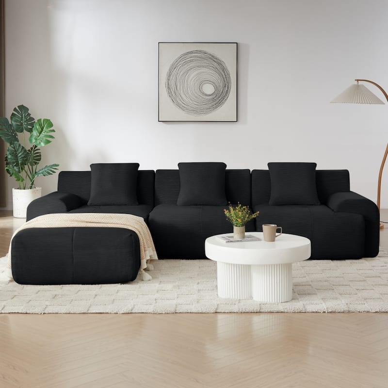113" Modern L-Shaped Corduroy Upholstery Modular Sectional Sofa with Deep Seat and Movable Ottoman
