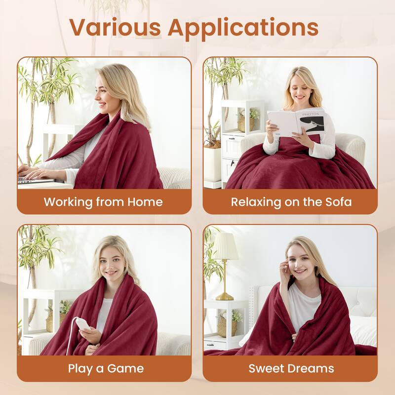 Reversible Flannel Electric Blanket, Heated Throw, Temperature and Timing Functions of a Controller