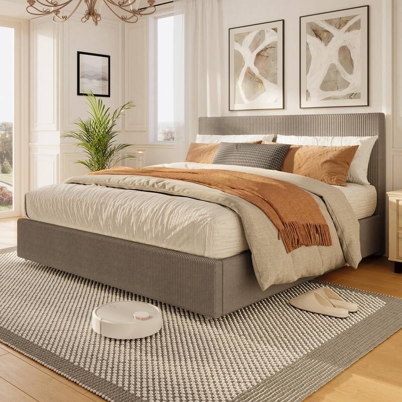 Platform Bed with Channel Tufted Corduroy Headboard and 4 Storage Drawers