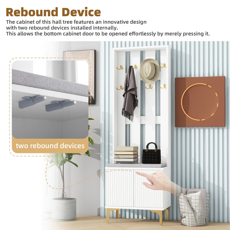 Modern 4-in-1 Hall Tree, Coat Rack with 8 Gold Hooks & Entryway Bench