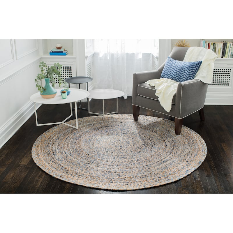 Jani Keira Denim and Jute Hand-Loomed Rug - Kerala Round 8-Feet Area Rug, Durable Denim Jute Carpet