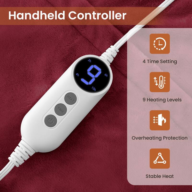 Reversible Flannel Electric Blanket, Soft & Cozy Heated Throw, 9 Heat Settings with Timer Controller
