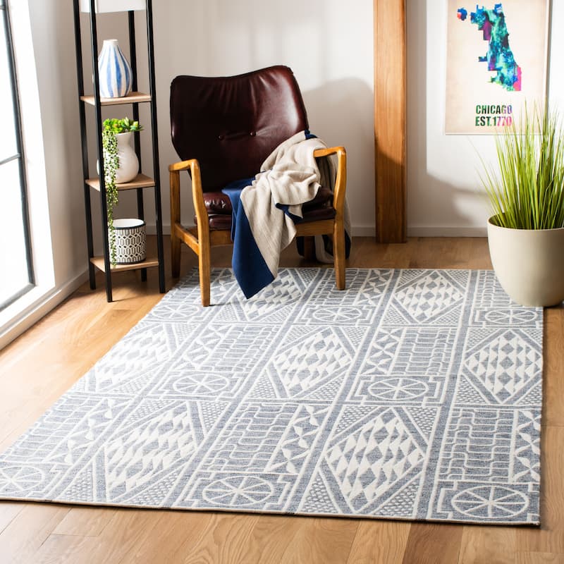 SAFAVIEH Handmade Marbella Hajo Modern Polyester Rug - 4' x 6' - Blue/Ivory