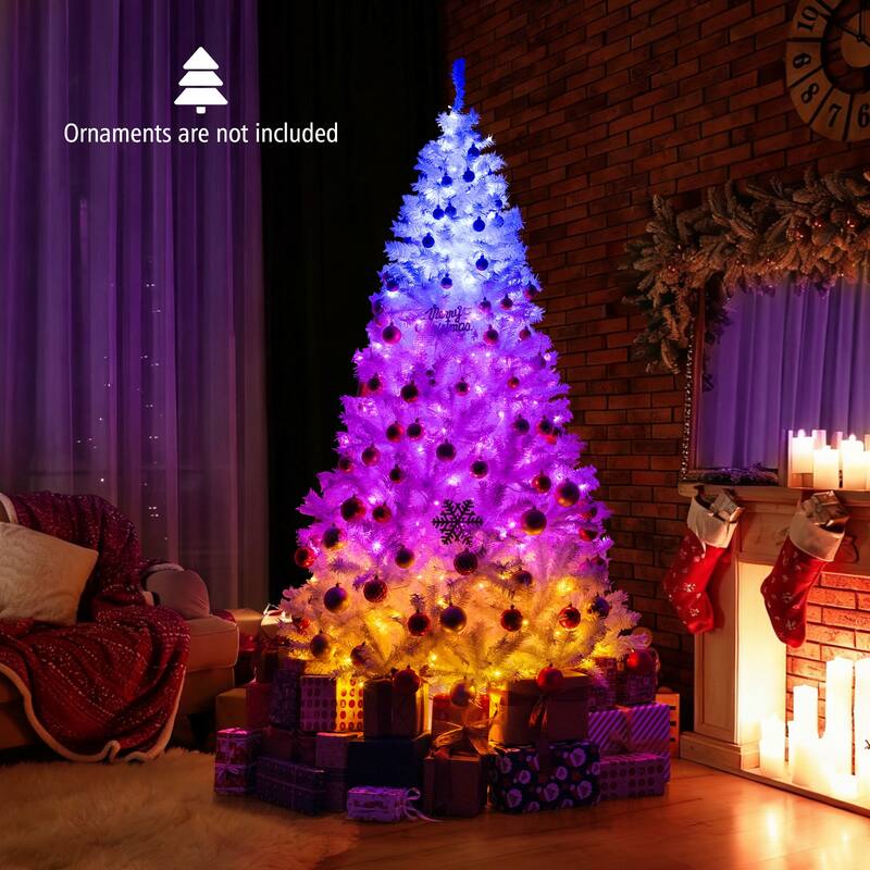 Pre-Lit White Christmas Tree with LED Lights and 11 Lighting Modes PVC Metal Holiday Tree with Stand