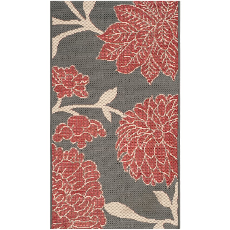 SAFAVIEH Courtyard Damaris Floral Indoor/ Outdoor Waterproof Patio Backyard Rug - 2' x 3'7" - Anthracite/Red