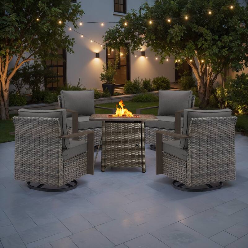 Meyreso 5-Piece Wicker Swivel Glider Fire Pit Set with Plush 4.5" Olefin Cushions - Gray Wicker - Gray Cushions