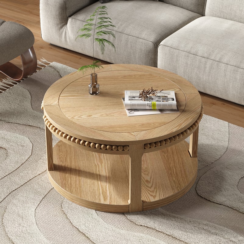31.5 Inch Round Solid Wood Coffee Table for Living Room