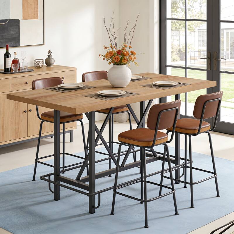 63" Long Wood Dining Table for 4-6 People, Farmhouse Dinner Table with Thick Tabletop, Kitchen Table with Footrest