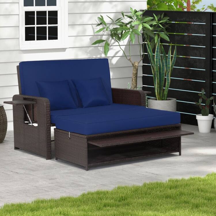 Patio Rattan Daybed with 4-Level Adjustable Backrest and Retractable Side Tray - 31" x 67" x 36" - Navy