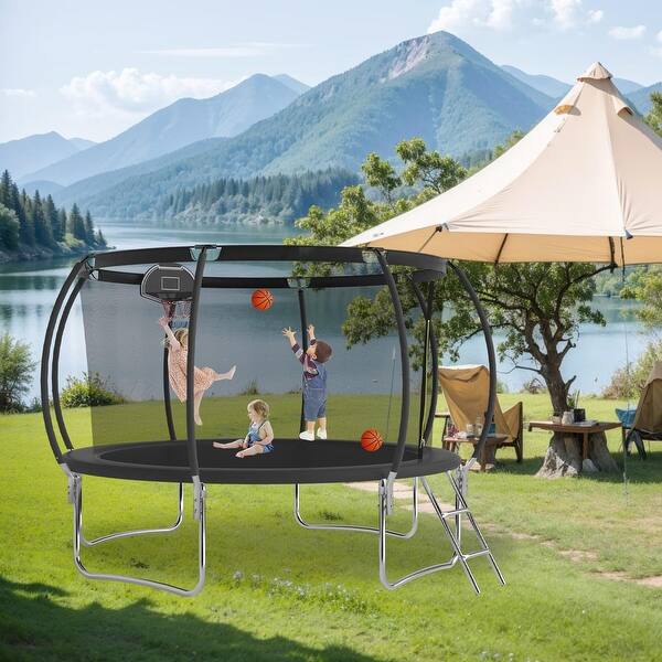 slide 2 of 7, 12 Ft Trampoline Pumpkin-style Safety Net With Basketball Hoop Kids