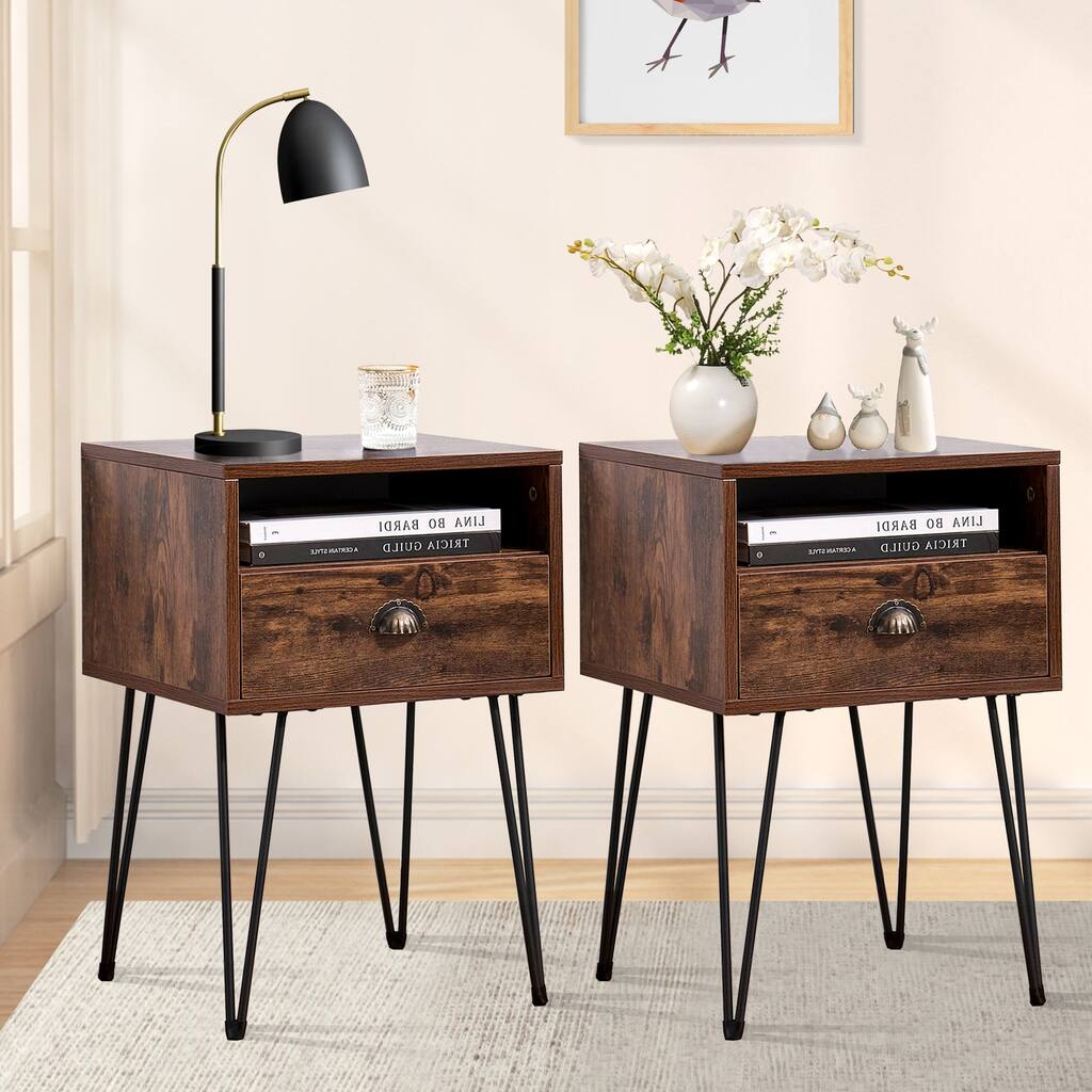 Javlergo Set of 2 Nightstand with Open Compartment & Drawer V-Shaped Metal Legs for Bedroom Living Room