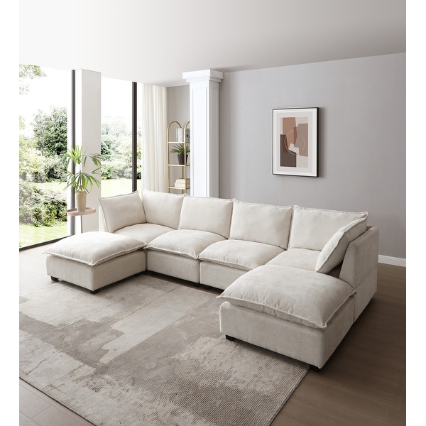 130 Modular U Shaped Sectional Sofa Linen Fabric Couch with Ottoman Beige