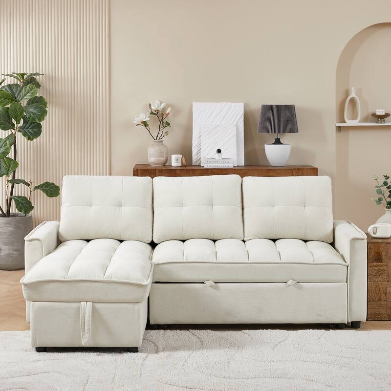 L-Shaped Reclining Sofa with Pull-Out Bed, USB Charging Ports and Storage, Arm Side Organizer for Living Room Comfort