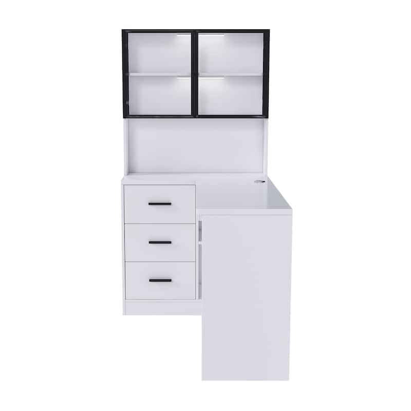 Computer Desk with Glass Cabinets & Built-In LED Lights, Corner L-Shaped Office Desk with USB Charging Ports, Keyboard Tray