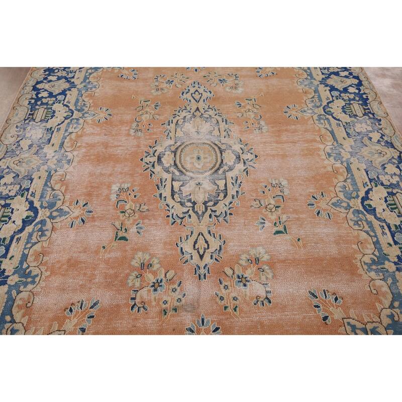 Distressed Kerman Vintage Persian Area Rug Handmade Wool Carpet - 6'4" x 8'11"