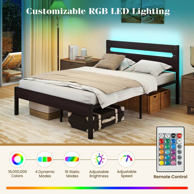 Costway Full Size Bed Frame with Built-in Charging Station Sturdy