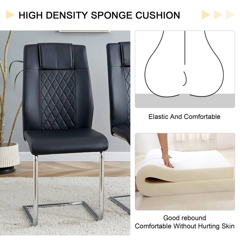 Kitchen Rectangle Dining Table Set for 4, 63" Faux Marble Glass Table with Stainless Steel Legs and PU Upholstered Chairs