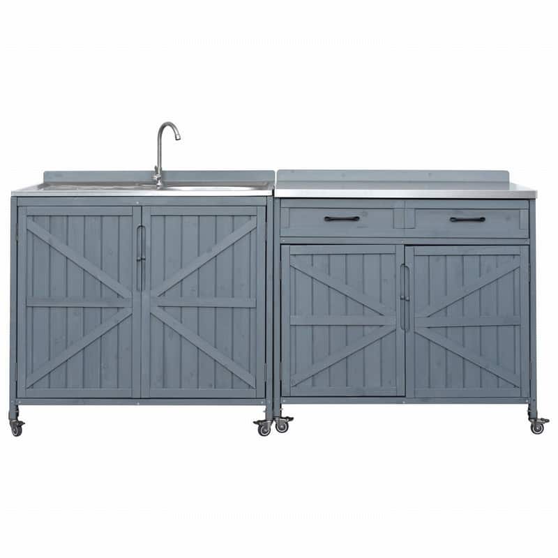 2-Piece Outdoor Kitchen Island Set with Stainless Steel Top and Sink, Drawer and Cabinets for Outdoor Storage w/ Wheels
