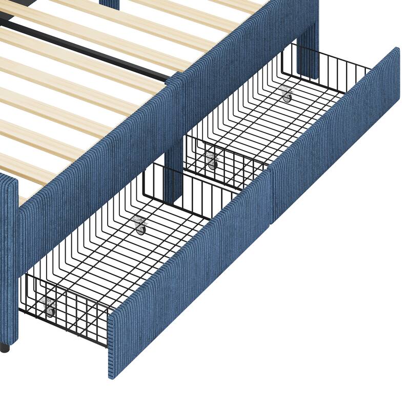 Vertical Lines Upholstered Platform Bed Frame with 2 Storage Drawers, L-Shaped Corduroy Daybed Sofabed