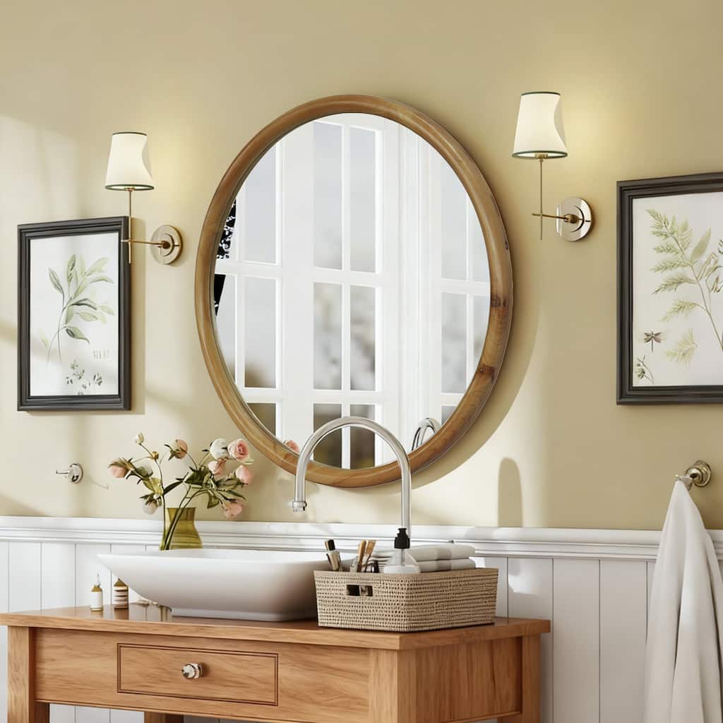 Round Wood Framed Wall Mirror, 35.43"Wooden Circle Mirror for Bathroom, Bedroom, Entryway, Mid-Century Modern Decorative Mirror