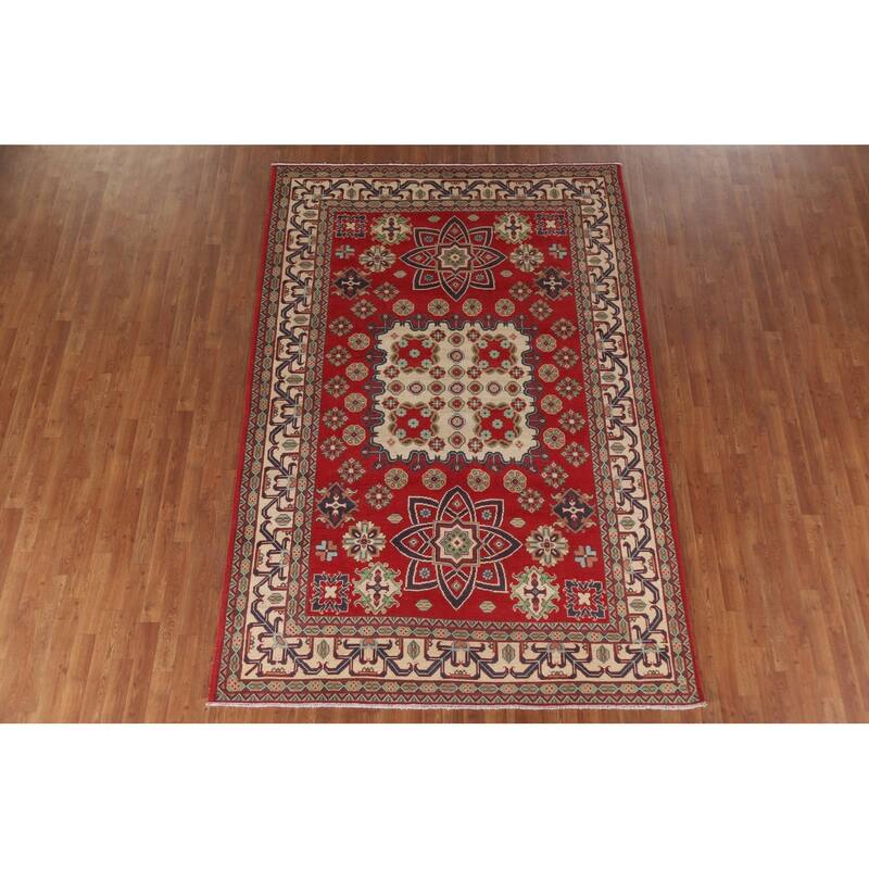Hand Knotted Oriental 100% Wool Carpet Traditional Geometric Red Kazak Area Rug - 9' 8'' X 6' 6''