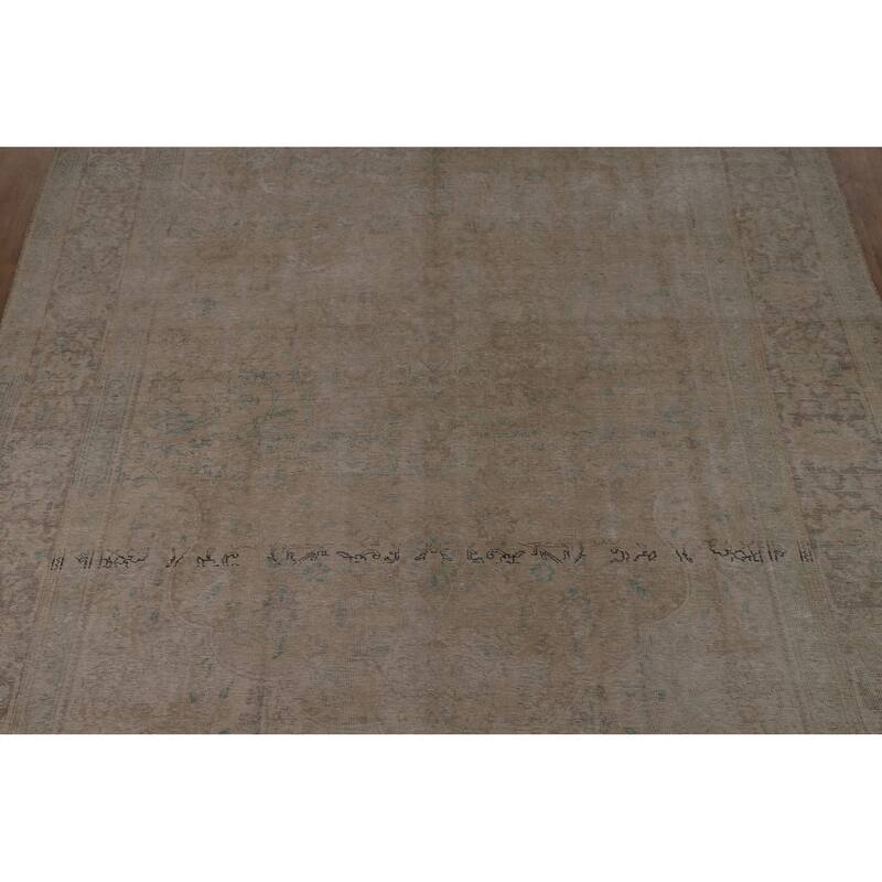 Distressed Beige Tabriz Persian Vintage Rug Hand-Knotted Wool Carpet - 9'1"x 11'9"