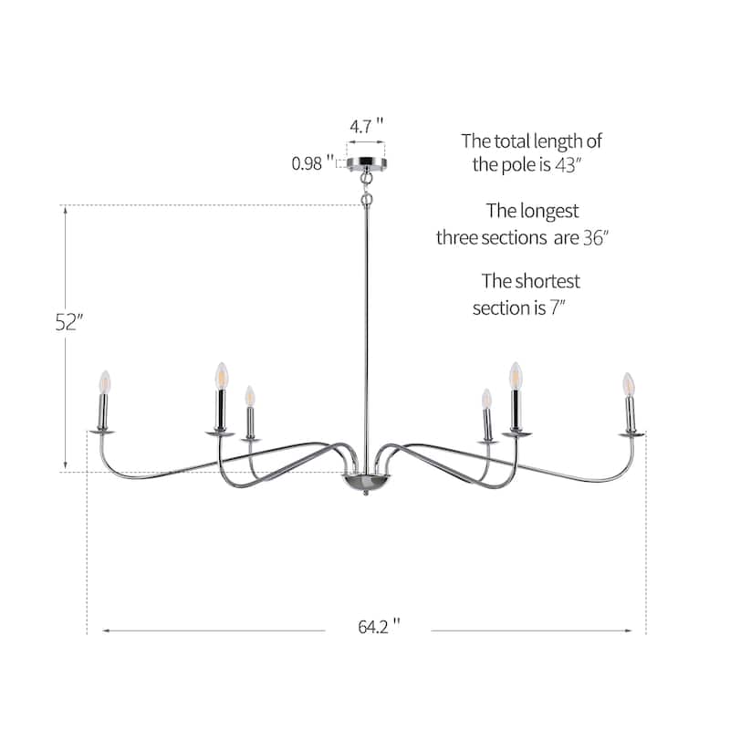 6 Light 64 Inches Minimalist Chandelier in Matte Black / Gold /Chrome - N/A