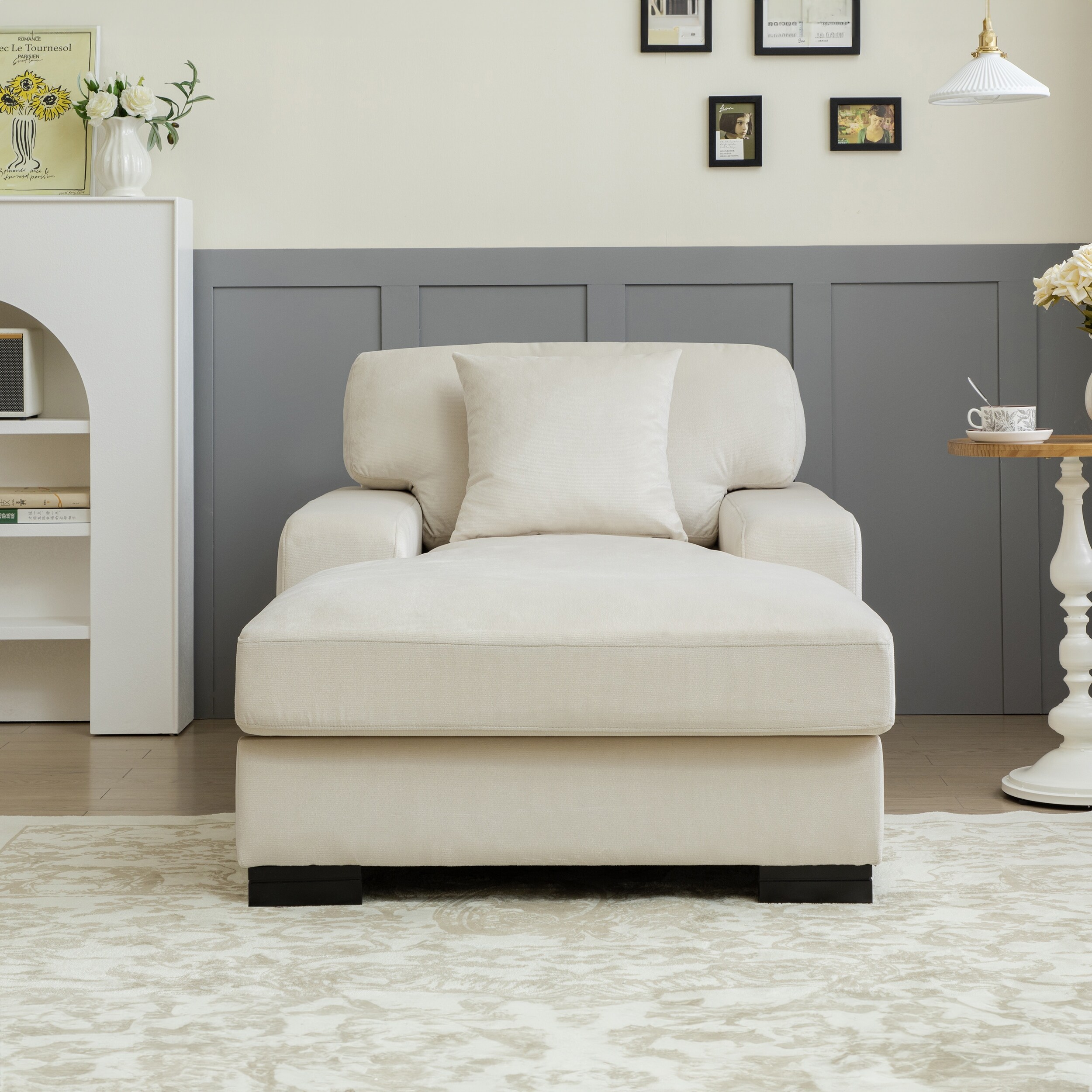 Cream Velvet Upholstered Sofa Chaise Lounge Chair Indoor Oversized Chair Bed Chaise Lounger with Pillow and Wood Legs On Sale Bed Bath Beyond 39114067