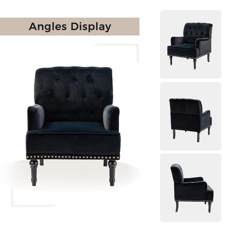 Geltrude Transitional Upholstered Button Tufted Club Chair with turned wooden Legs by HULALA HOME