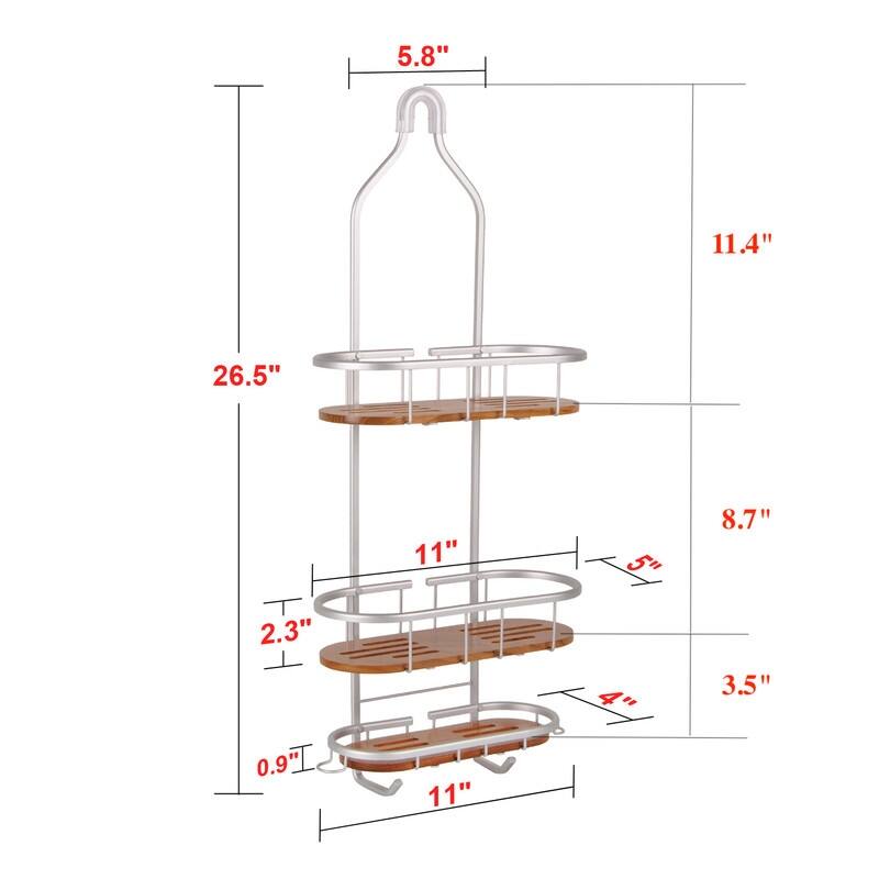 Utopia Alley Tia Rustproof Teak Overhead Shower Caddy with 3 Shelves, Hanging Shower Head Organizer, Black & Chrome Finish