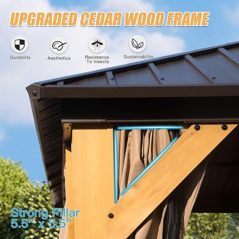 Cedar Wood Hardtop Gazebo with Galvanized Steel Double Roof, Netting & Curtains