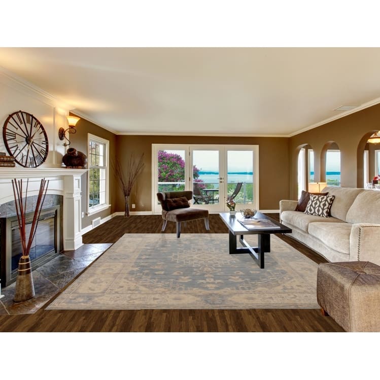 Hand Knotted Oriental 100% Wool Carpet Transitional Medallion Navy Blue & Blues Oushak Area Rug - 11' 10'' X 9' 0''