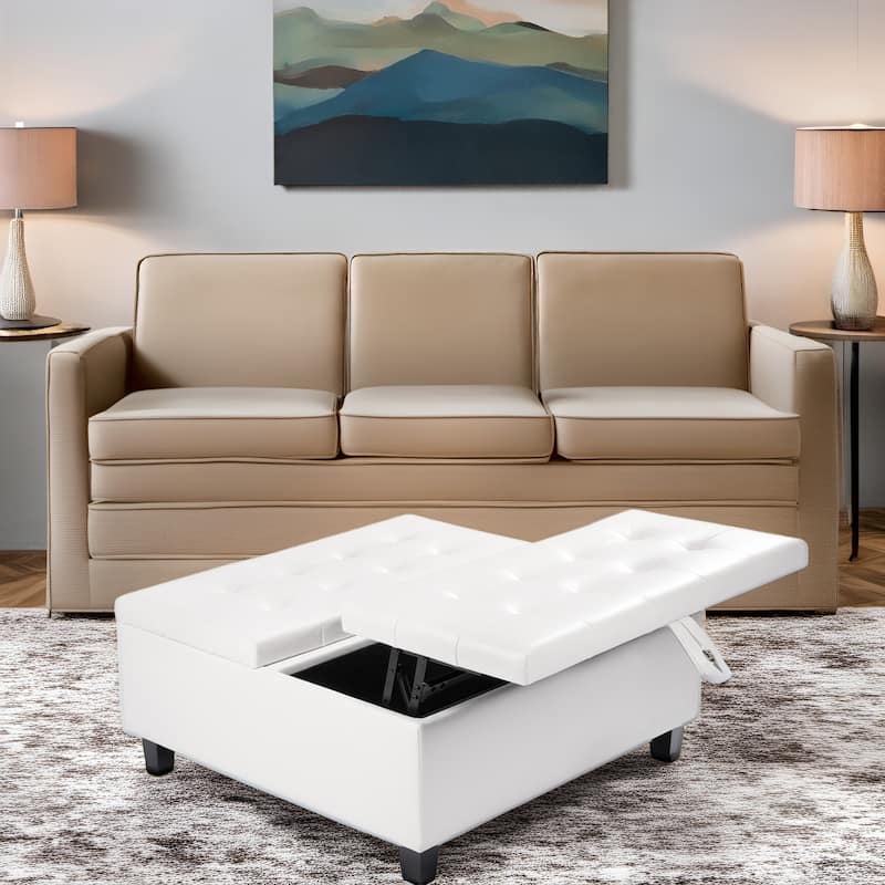 35-Inch Air Leather Tufted Upholstered Lift-Top Ottoman Bench, Large Square Storage Coffee Table for Living Room