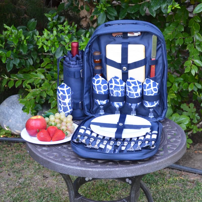 Picnic at Ascot - Deluxe Equipped 4 Person Picnic Backpack with Cooler & Insulated Wine Holder - Trellis Blue