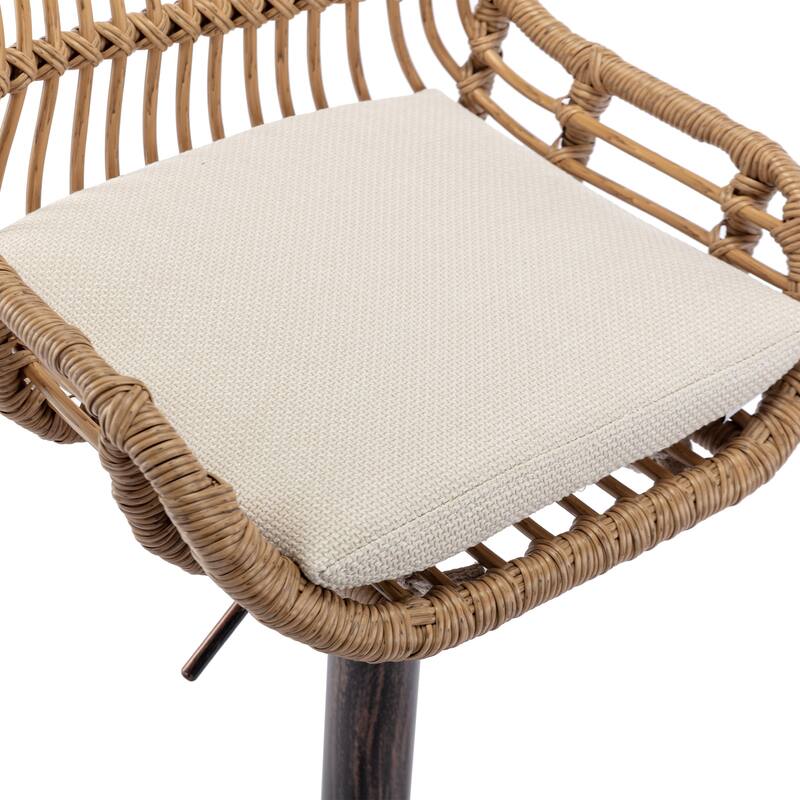 360° Swivel Bar Stools Set of 2, Adjustable Counter Height Chairs with Footrest, Rattan Bar Chairs with Cushions