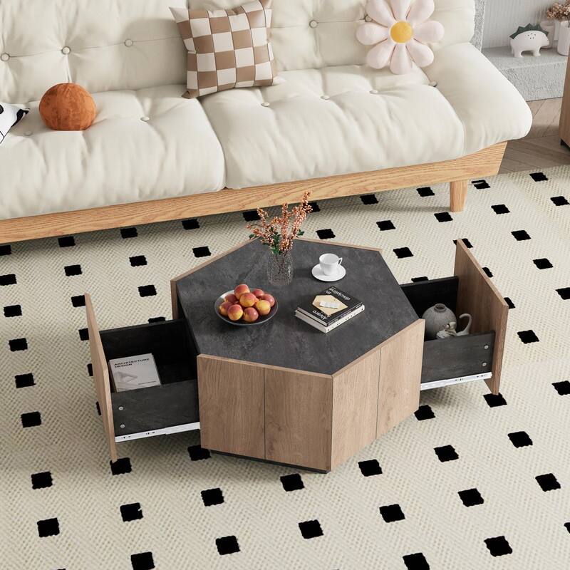 Hexagonal Garden Retro Coffee Table with 2 Drawers - Light Oak - Wood