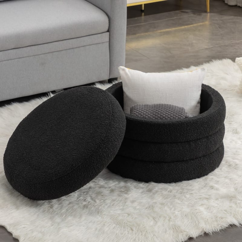 Boucle Fabric Storage Round Ottoman Footstool With Wooden Shelving