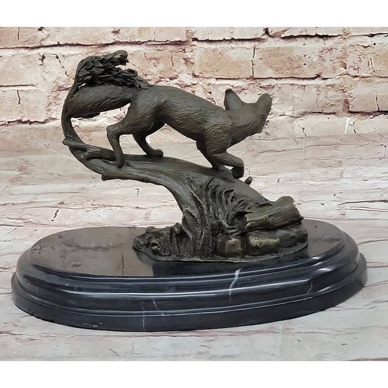 Hot Cast Bronze Imitative Fox On Tree Branch Wildlife Sculpture Statue Signed Original Art