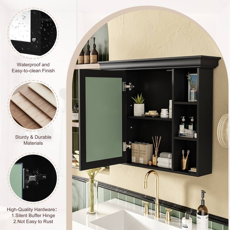Modern Medicine Cabinet Wall Mounted Storage Cabinet with High Definition Mirror, Open Compartments and Adjustable Shelving
