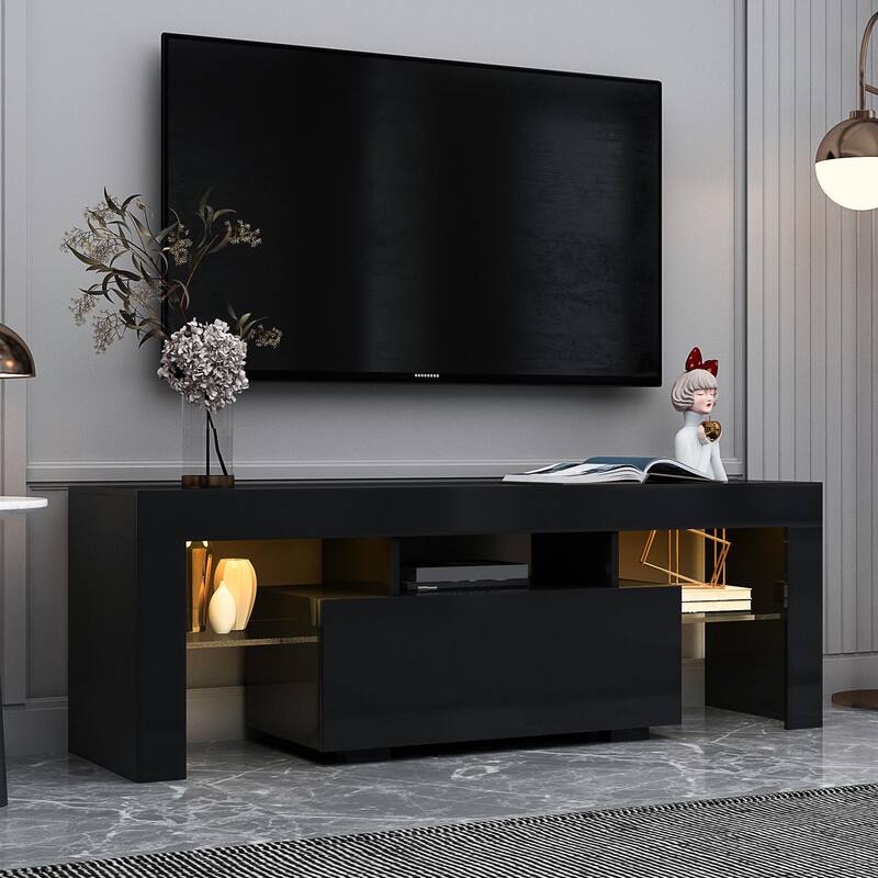 Contemporary Entertainment TV Stand with Built-In LED Lighting – Sleek Large TV Base Cabinet for Living Rooms - Black