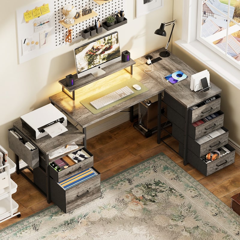 Modern Farmhouse 71'' L Shaped Desk with File Drawers, Reversible Computer Desk with Power Outlets and Smart LED Lights - Grey Oak