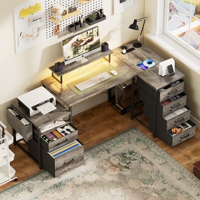 Modern Farmhouse 71'' L Shaped Desk with File Drawers, Reversible Computer Desk with Power Outlets and Smart LED Lights