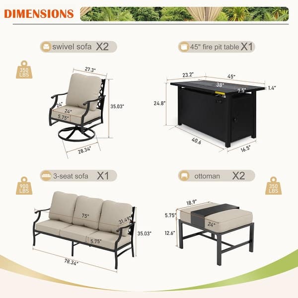 dimension image slide 4 of 19, MAISON ARTS Outdoor Sofa Set 4/6-Piece Patio Conversation Set with 45'' Gas Fire Pit Table