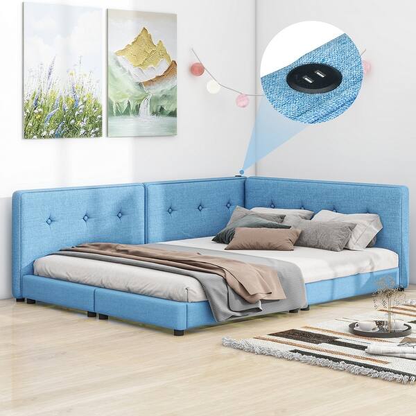 slide 2 of 9, Upholstered Queen Size Platform Bed with USB Ports, Linen Fabric, Sturdy Wood Daybed Frame, No Box Spring Needed, Blue Blue