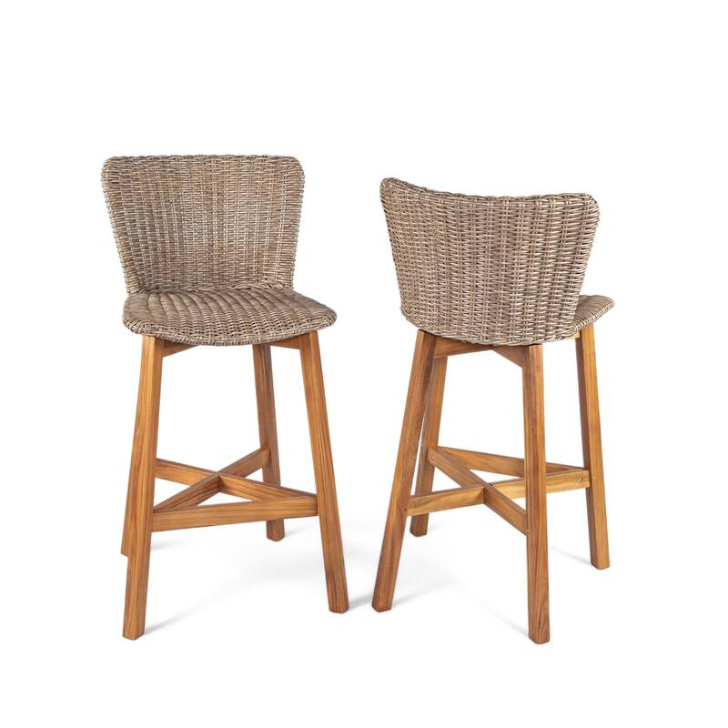 Roomfitters Lymington Outdoor Acacia Wood Barstools with Wicker Seat, Teak Finish and Light Brown Set of 2