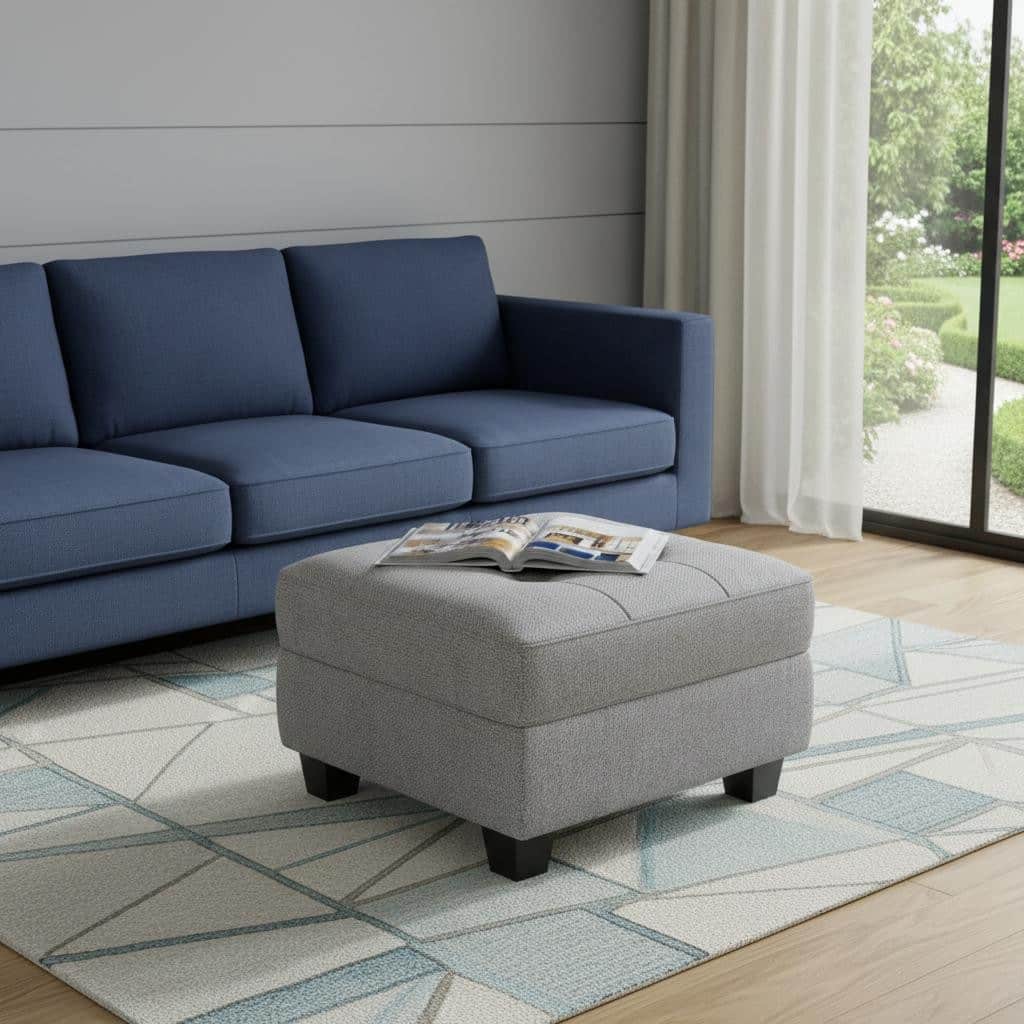 HomeRoots 26" Light Gray and Black Linen Tufted Storage Ottoman