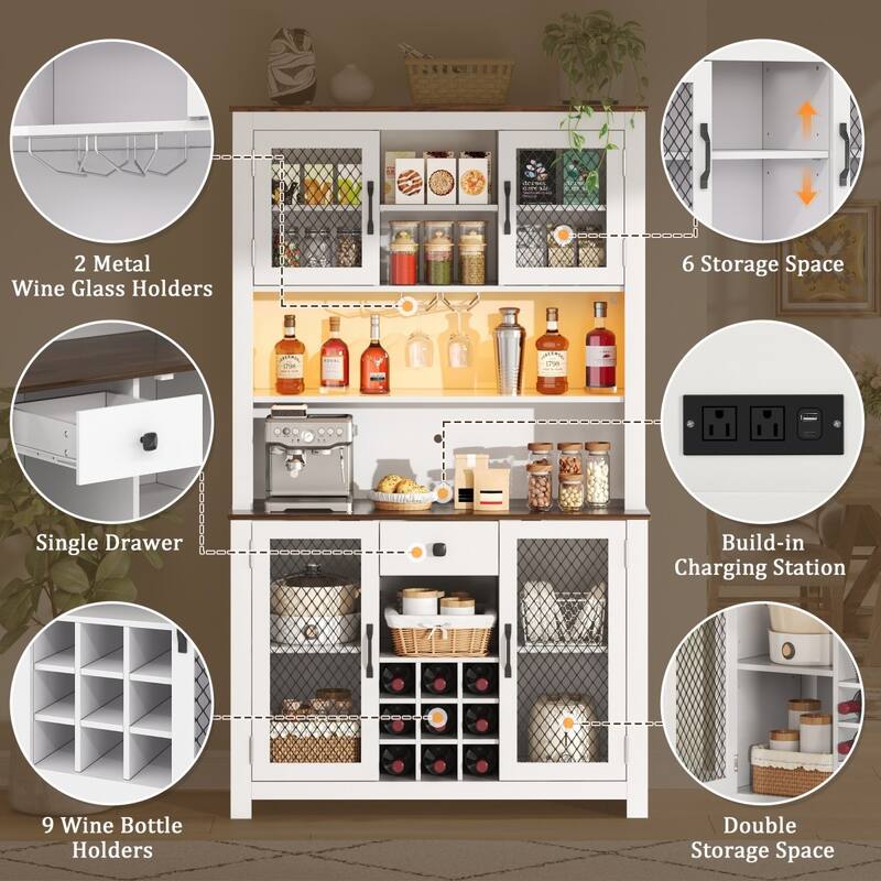 70.9" Kitchen Pantry Storage Cabinet with LED Light Strip, Power and USB Outlets
